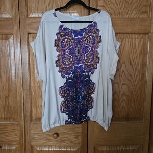 Liz Claiborne Satin Cream and Purple Graphic Blouse